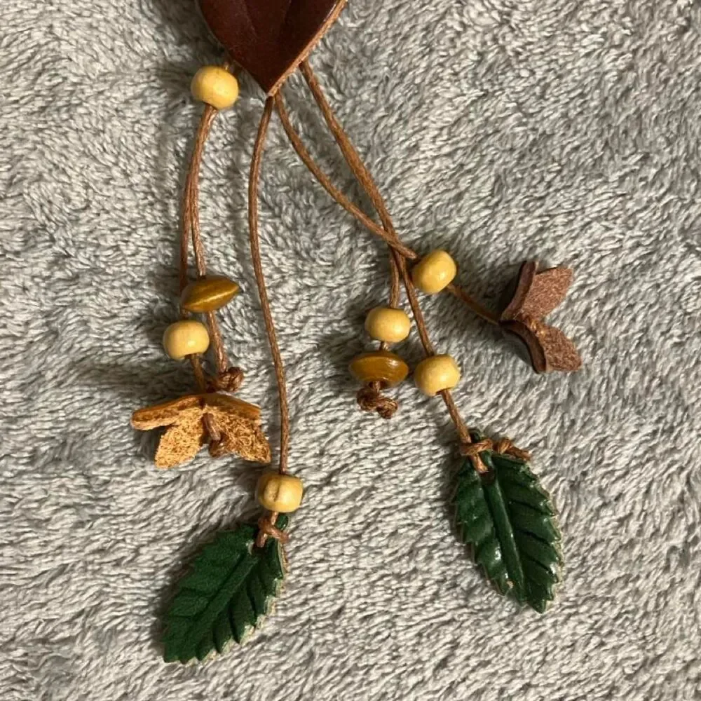NWT Brown Flower Tassel Keychain Bag Charm with Flowers and Leaves